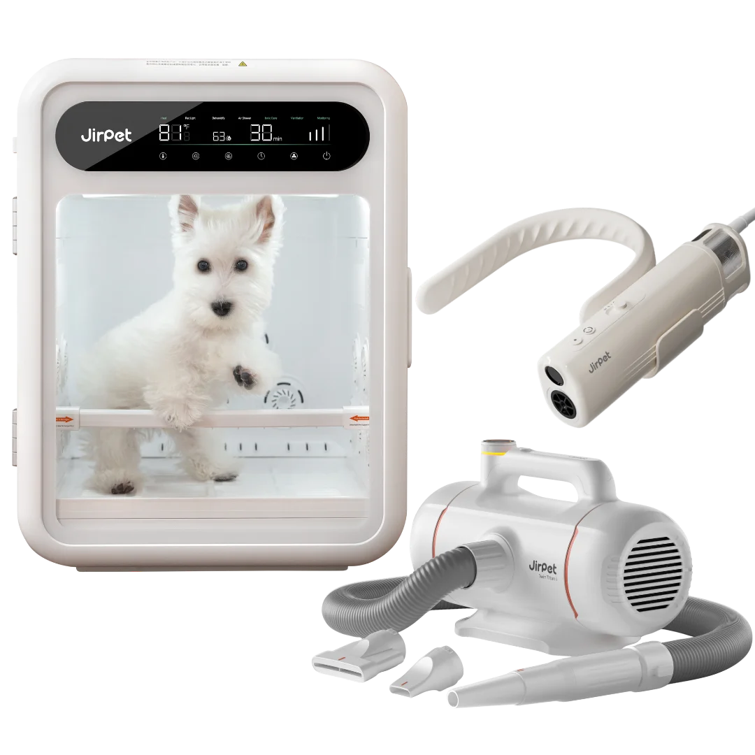 jirpet-f1-cabin-and-twin-titan-force-dryer-and-harmony-neck-dryer-for-dog-grooming